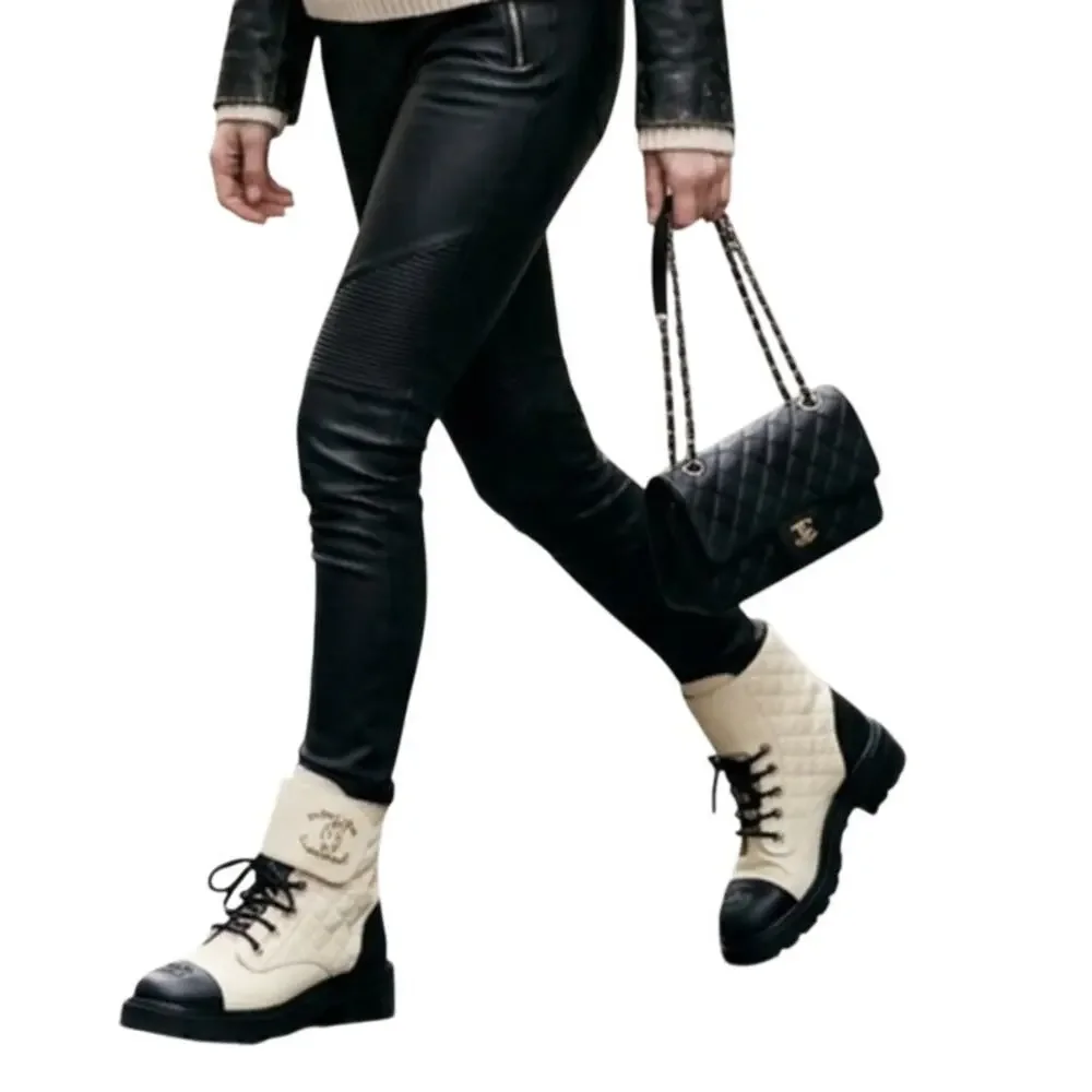 Chanel Goatskin Quilted Chain CC Cap Toe Lace Up Combat Boots Ivory Women's 37.5